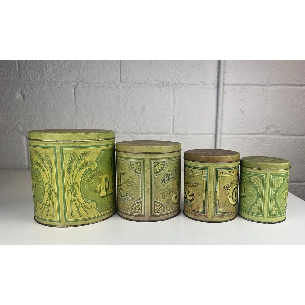 Vintage‎ Balonoff Canister Tin Set Green 1970s Rustic Flour Sugar Coffee Tea